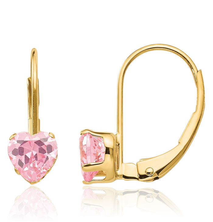 14K Solid Yellow Gold Pink Cubic Zirconia CZ Heart Drop Dangle Earrings