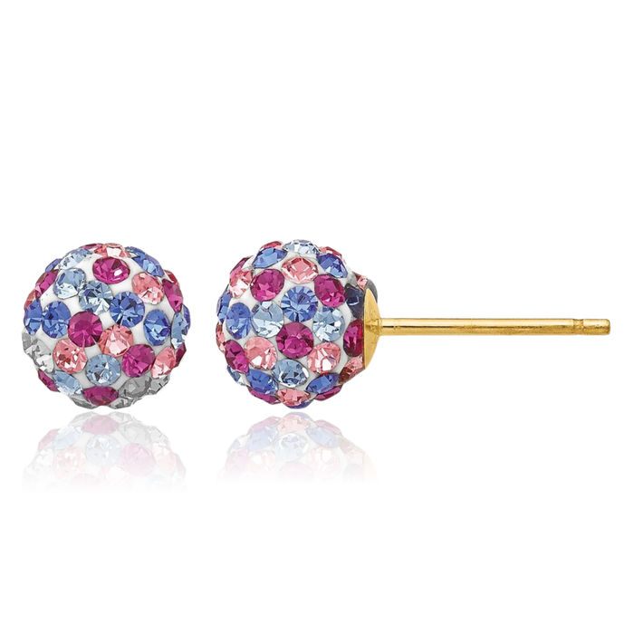 14K Solid Yellow Gold Post 6mm Blue Pink Multi-color Rhinestone Crystals Ball Stud Earrings