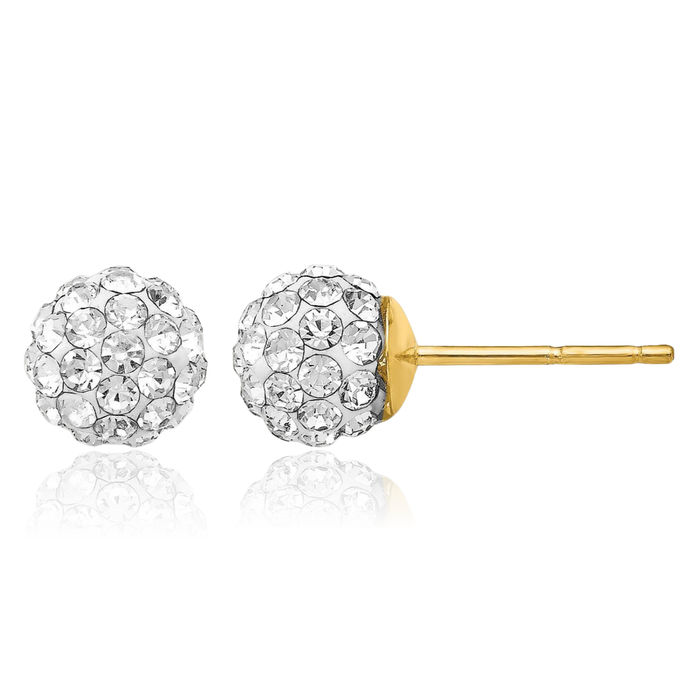 14K Solid Yellow Gold Post 6mm Rhinestone Crystals Ball Stud Earrings