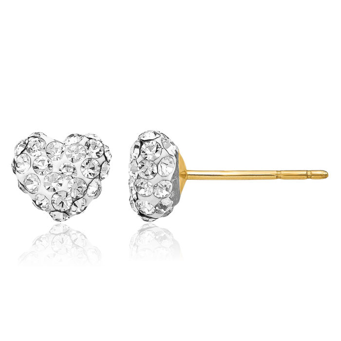 14K Solid Yellow Gold Post 6mm Rhinestone Crystals Heart Stud Earrings