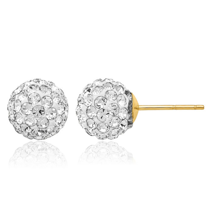 14K Solid Yellow Gold Post 8mm Rhinestone Crystals Ball Stud Earrings