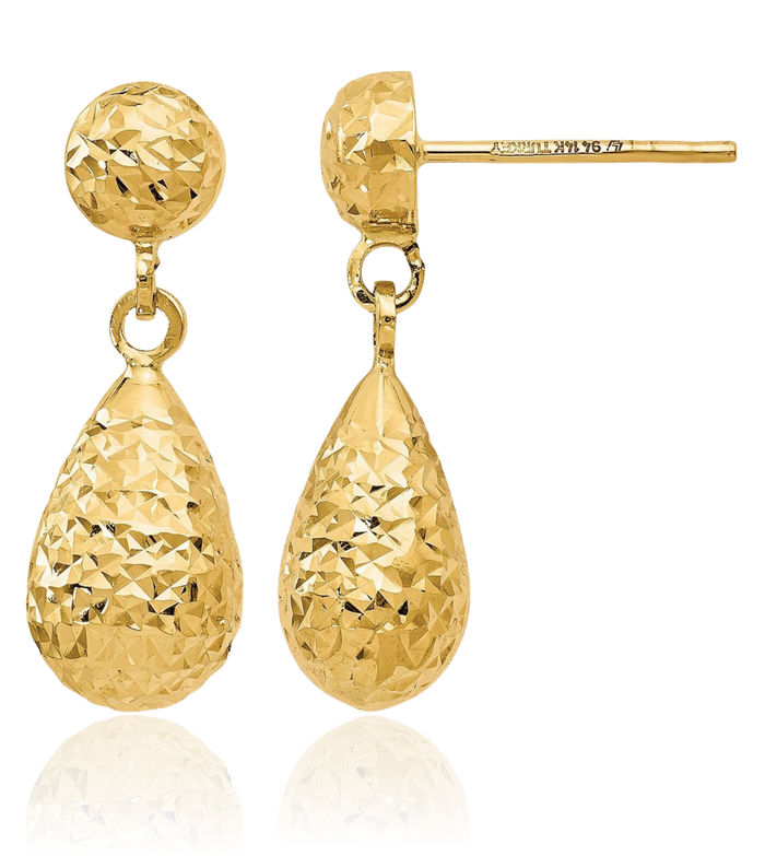 14K Solid Yellow Gold Post Drop Dangle Earrings