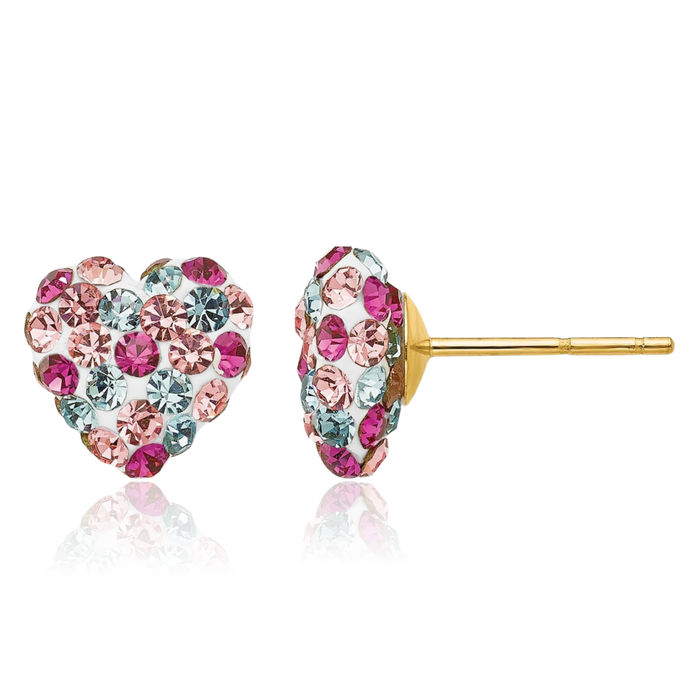 14K Solid Yellow Gold Post Multi-color 8mm Rhinestone Crystals Heart Stud Earrings