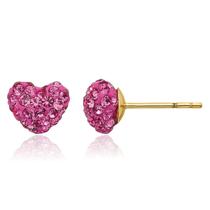 14K Solid Yellow Gold Post Multi-color Pink Rhinestone Crystals Heart Stud Earrings