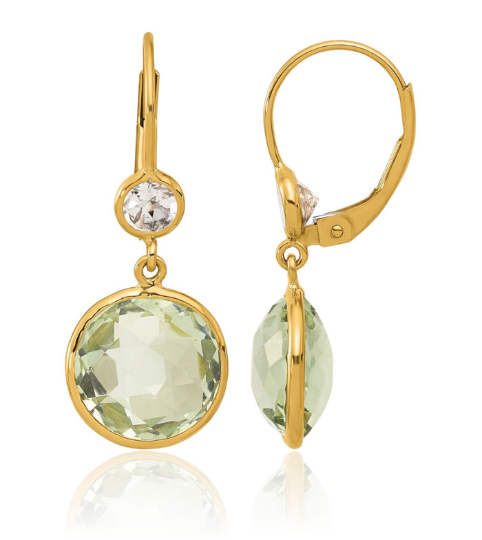 14K Solid Yellow Gold Green Quartz White Topaz Drop Dangle Earrings Gemstone