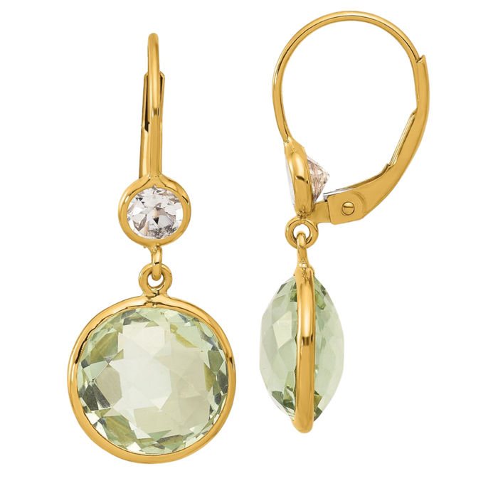 14K Solid Yellow Gold Green Quartz White Topaz Drop Dangle Earrings Gemstone