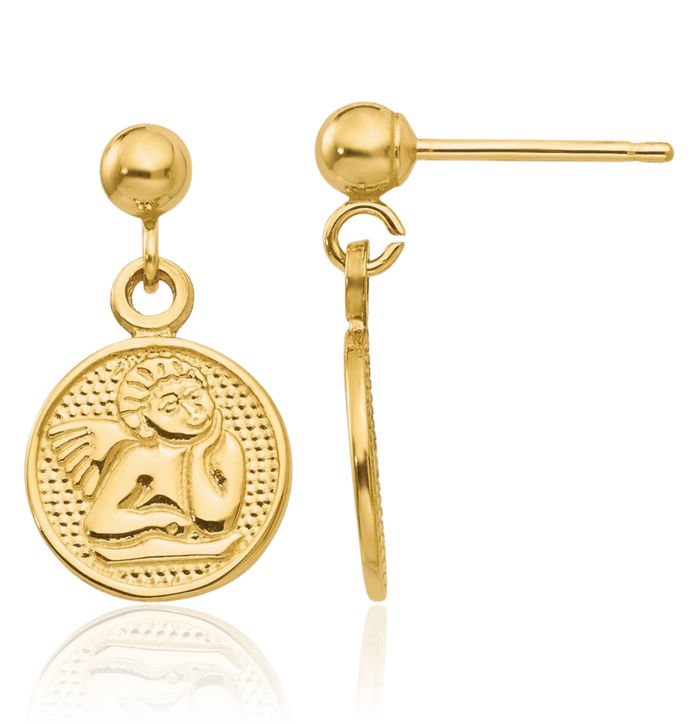 14K Solid Yellow Gold Raphael Guardian Angel Wings Drop Dangle Earrings