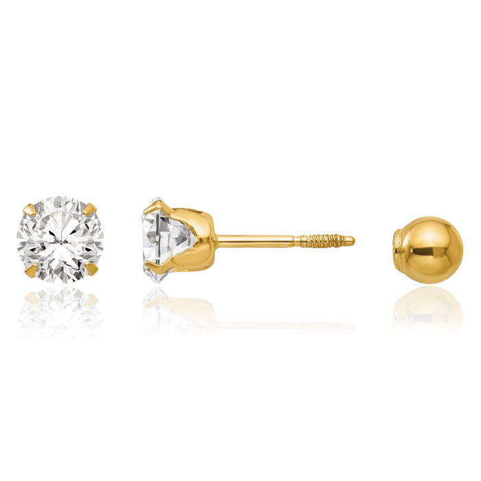 14K Solid Yellow Gold Reversible 5mm Cubic Zirconia CZ Ball Stud Earrings