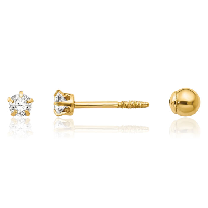 14K Solid Yellow Gold Reversible Rhinestone Crystals 3mm Ball Stud Earrings