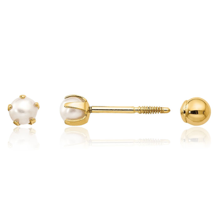 14K Solid Yellow Gold Reversible Freshwater Cultured Pearl Bead Stud Earrings