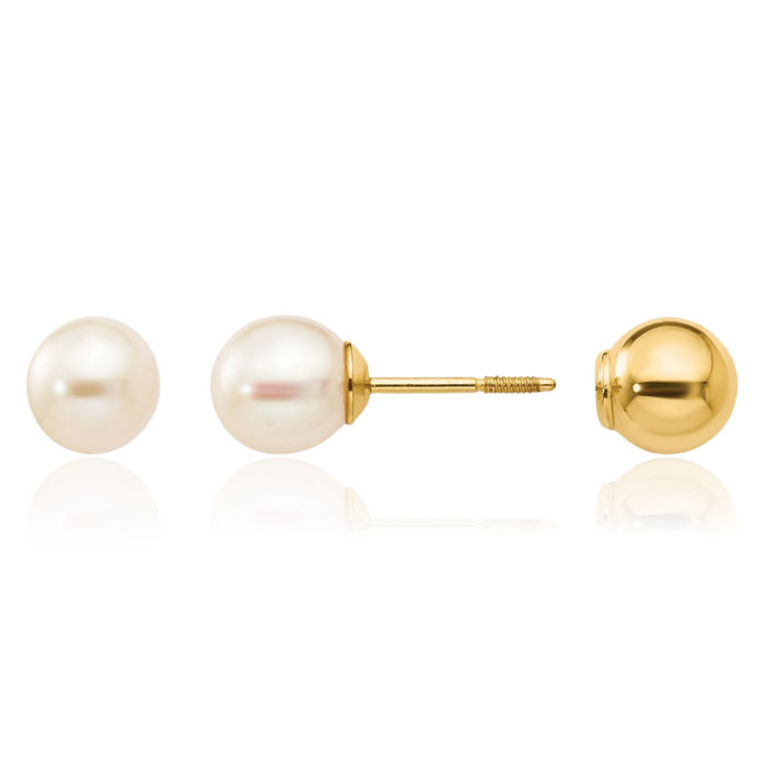 14K Solid Yellow Gold Reversible Freshwater Cultured Pearl Bead Stud Earrings