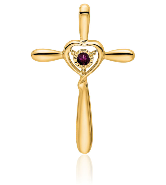 14K Solid Yellow Gold Purple Rhodolite Garnet Holy Cross Heart Floating Chain Slide Pendant Necklace Gemstone Charm June Birthstone Jewelry