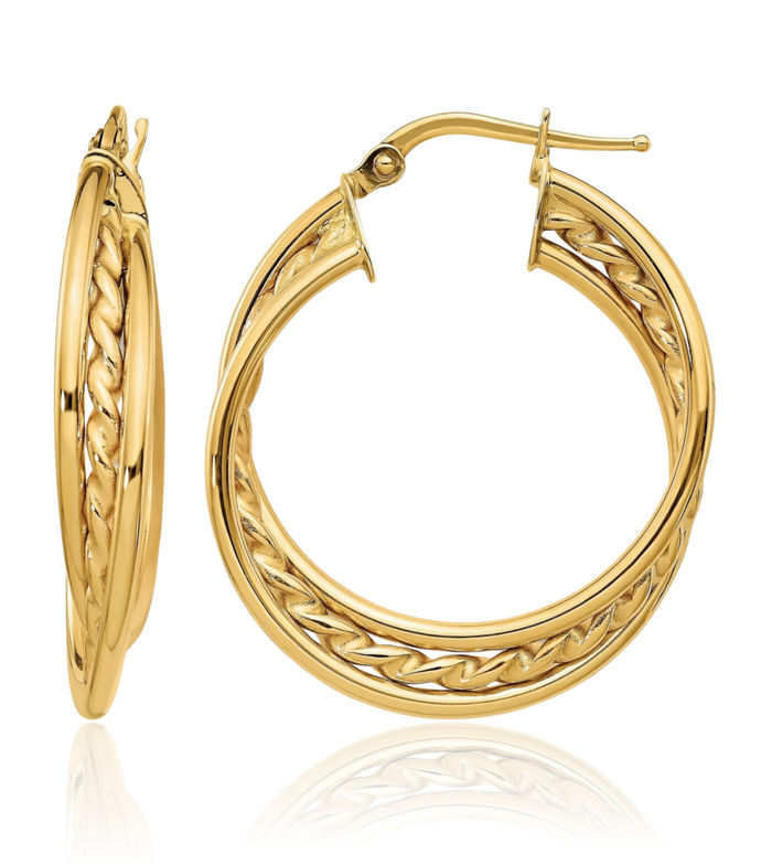 14K Solid Yellow Gold Rope Twisted Round Medium Hoop Earrings