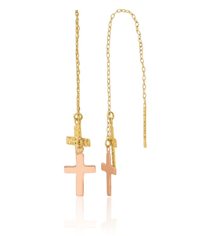 14K Solid Yellow Gold Rose Crosses Threader Christian Religious Drop Dangle Earrings