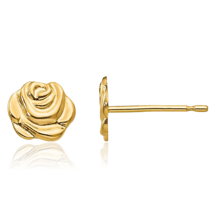 14K Solid Yellow Gold Rose Flower Stud Earrings