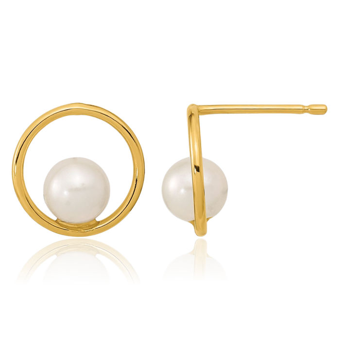 14K Solid Yellow Gold Circle Round 5mm Freshwater Cultured Pearl Stud Earrings