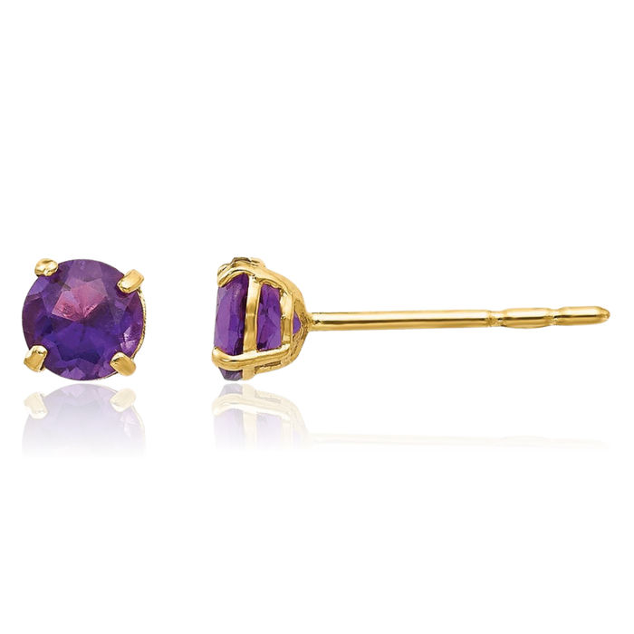 14K Solid Yellow Gold Round Purple Amethyst 4mm Studs Gemstone Earrings February Birthstone Jewelry