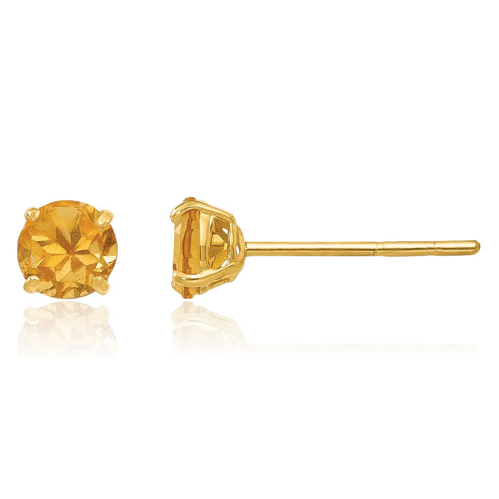 14K Solid Yellow Gold Round Orange Citrine 4mm Studs Gemstone Earrings November Birthstone Jewelry