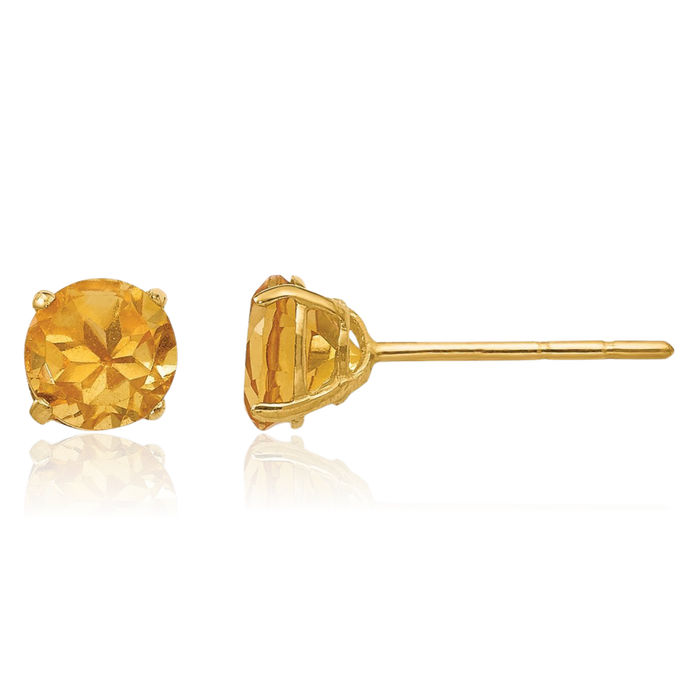 14K Solid Yellow Gold Round Orange Citrine 5mm Studs Gemstone Earrings November Birthstone Jewelry