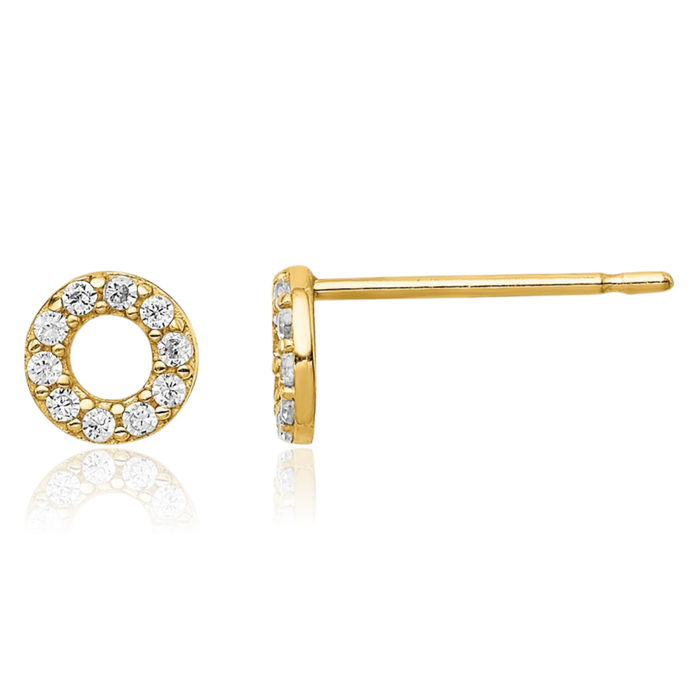 14K Solid Yellow Gold Circle Round Cubic Zirconia CZ Stud Earrings