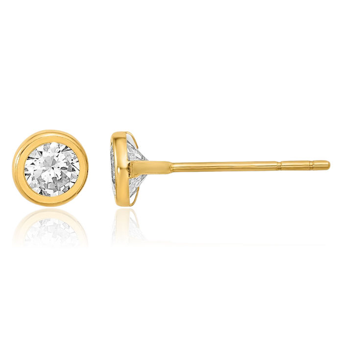 14K Solid Yellow Gold Circle Round Cubic Zirconia CZ Stud Earrings