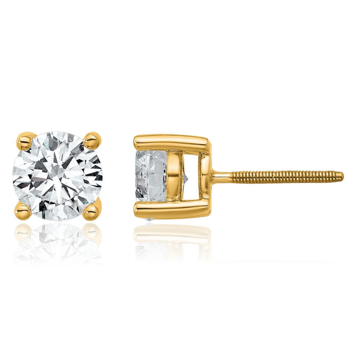 14K Solid Yellow Gold Round Lab Diamond Screw Back Stud Earrings