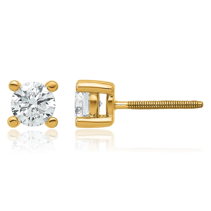 14K Solid Yellow Gold Round Lab Diamond Screw Back Stud Earrings
