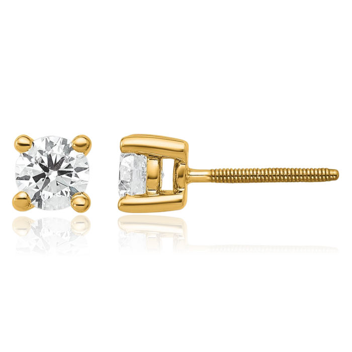 14K Solid Yellow Gold Round Lab Diamond Screw Back Stud Earrings