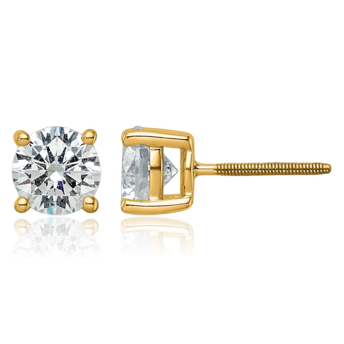 14K Solid Yellow Gold Round Lab Diamond Screw Back Stud Earrings