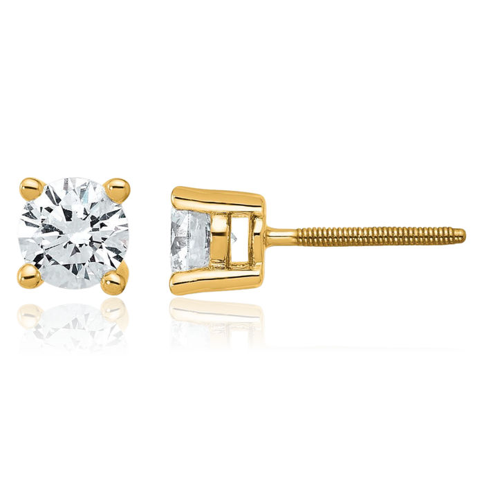 14K Solid Yellow Gold Round Lab Diamond Screw Back Stud Earrings