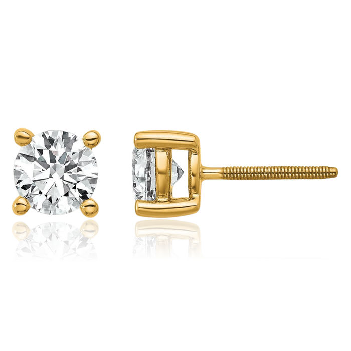 14K Solid Yellow Gold Round Lab Diamond Screw Back Stud Earrings