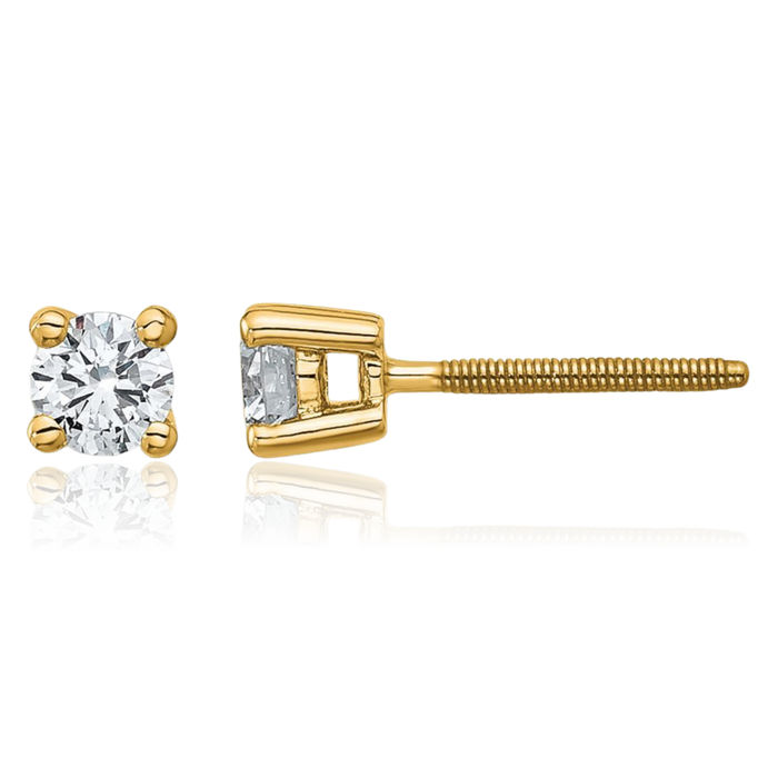 14K Solid Yellow Gold Round Lab Diamond Screw Back Stud Earrings