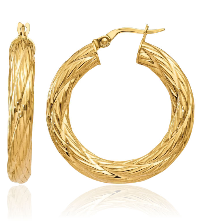 14K Solid Yellow Gold Tube Round Medium Hoop Earrings