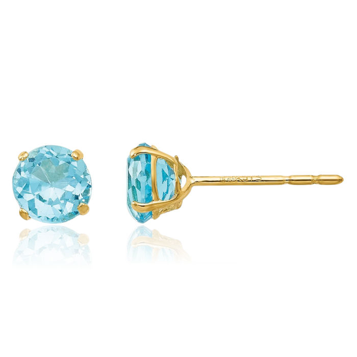 14K Solid Yellow Gold Round Sky Blue Topaz 5mm Studs Gemstone Earrings