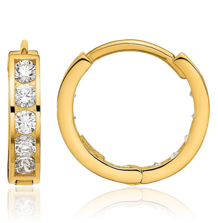 14K Solid Yellow Gold Round Square Cubic Zirconia CZ Reversible Huggie Small Hoop Earrings