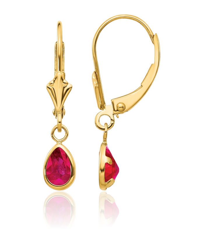 14K Solid Yellow Gold Red Ruby Drop Dangle Earrings Pear Teardrop Gemstone July Birthstone Jewelry