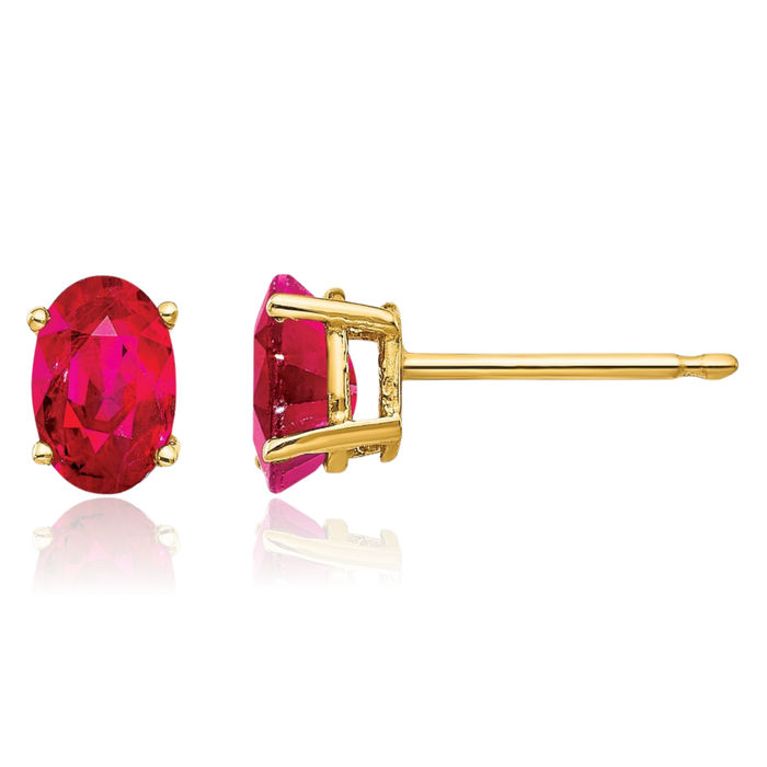 14K Solid Yellow Gold 6mm x 4mm Red Ruby Oval Post Studs Gemstone Solitaire Earrings July Birthstone Jewelry