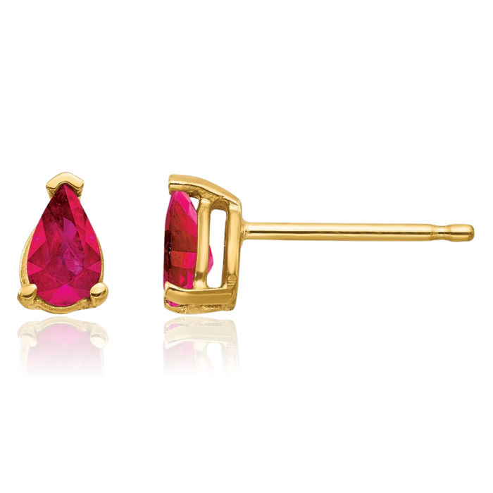 14K Solid Yellow Gold Red Ruby Studs Pear Teardrop Gemstone Solitaire Earrings July Birthstone Jewelry