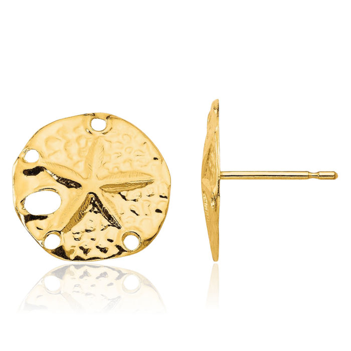 14K Solid Yellow Gold Sand Dollar Sea Star Starfish Stud Earrings