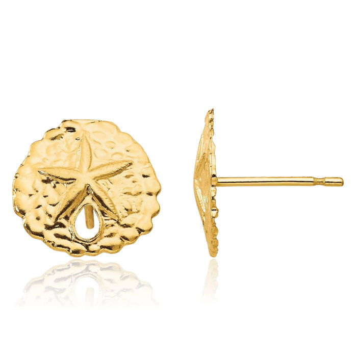 14K Solid Yellow Gold Sand Dollar Sea Star Starfish Stud Earrings