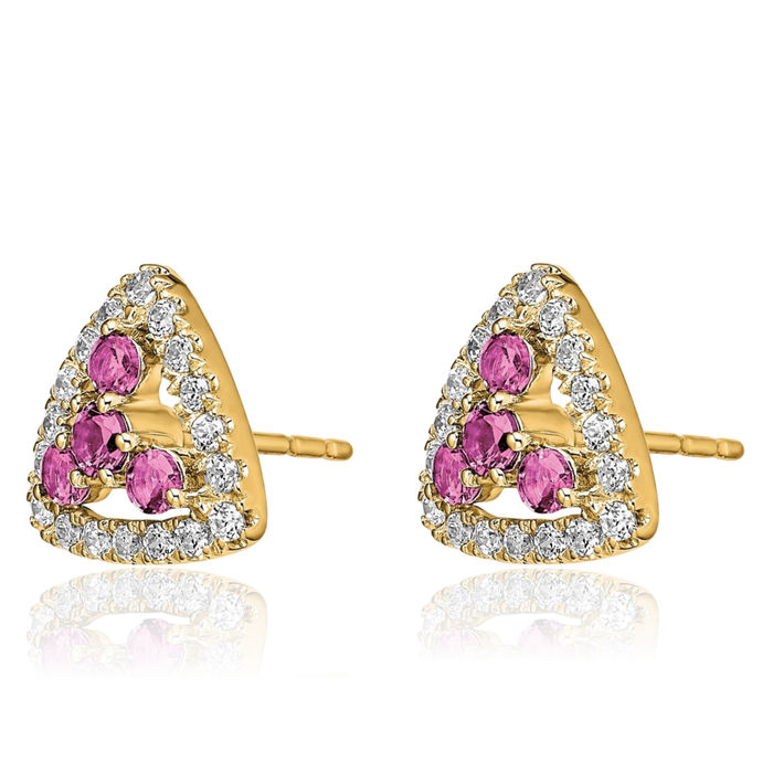 14K Solid Yellow Gold Serenity Lab Diamond Pink Sapphire Triangle Studs Gemstone Earrings October Birthstone Jewelry