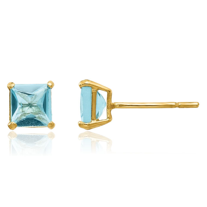 14K Solid Yellow Gold Sky Blue Topaz 4mm Square Studs Gemstone Earrings