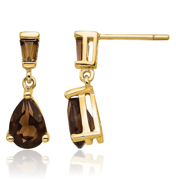 14K Solid Yellow Gold Brown Smoky Quartz Drop Dangle Earrings June Birthstone Jewelry