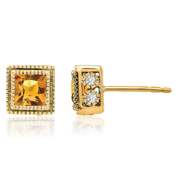 14K Solid Yellow Gold Square Orange Citrine Diamond Stud Solitaire Earrings November Birthstone Jewelry