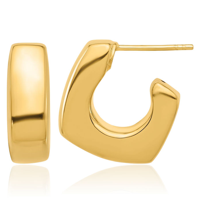 14K Solid Yellow Gold Square J Hoop Earrings