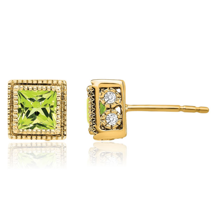 14K Solid Yellow Gold Square Green Peridot Diamond Stud Solitaire Earrings August Birthstone Jewelry