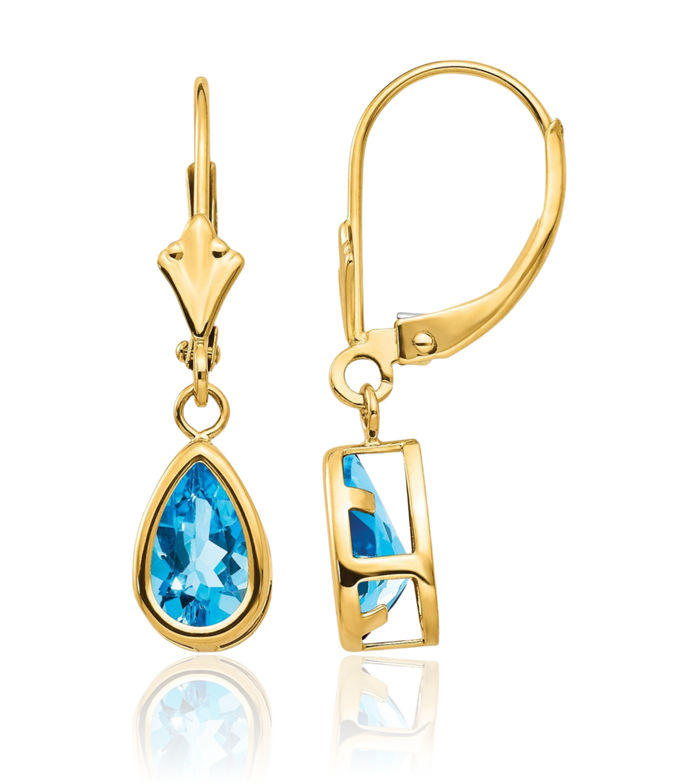 14K Solid Yellow Gold Swiss Blue Topaz Drop Dangle Earrings Pear Teardrop Gemstone December Birthstone Jewelry