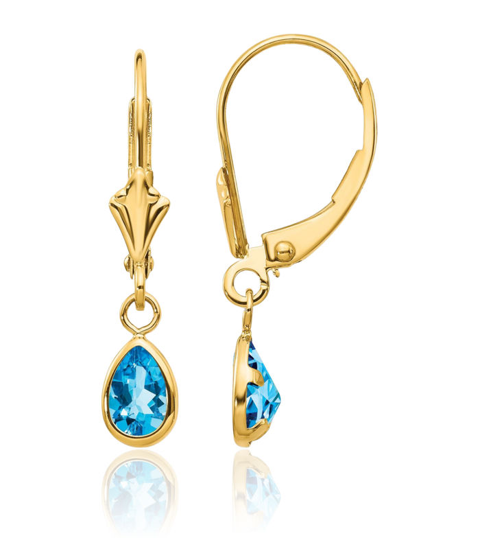 14K Solid Yellow Gold Swiss Blue Topaz Drop Dangle Earrings Pear Teardrop Gemstone December Birthstone Jewelry