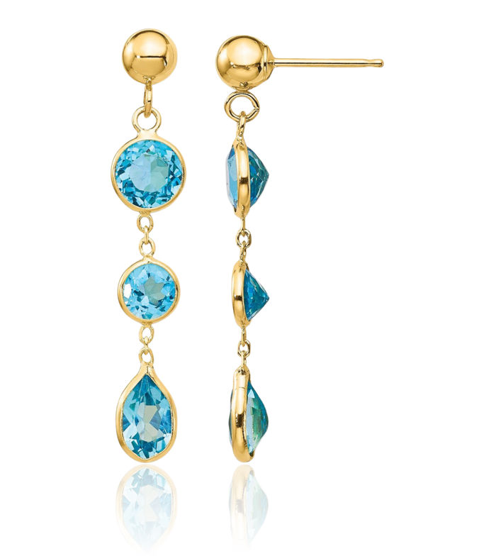 14K Solid Yellow Gold Swiss Blue Topaz Gemstone Drop Dangle Earrings Pear Teardrop December Birthstone Jewelry