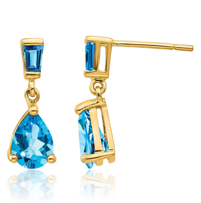 14K Solid Yellow Gold Swiss Blue Topaz Drop Dangle Earrings December Birthstone Jewelry